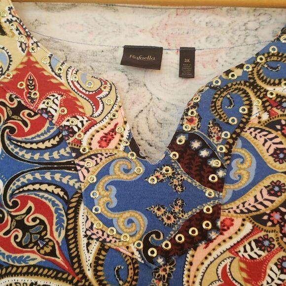 EUC Rafaella Pretty Multi-Colored Paisley Top V-Neck Grommet Embellishme… - Picture 3 of 7